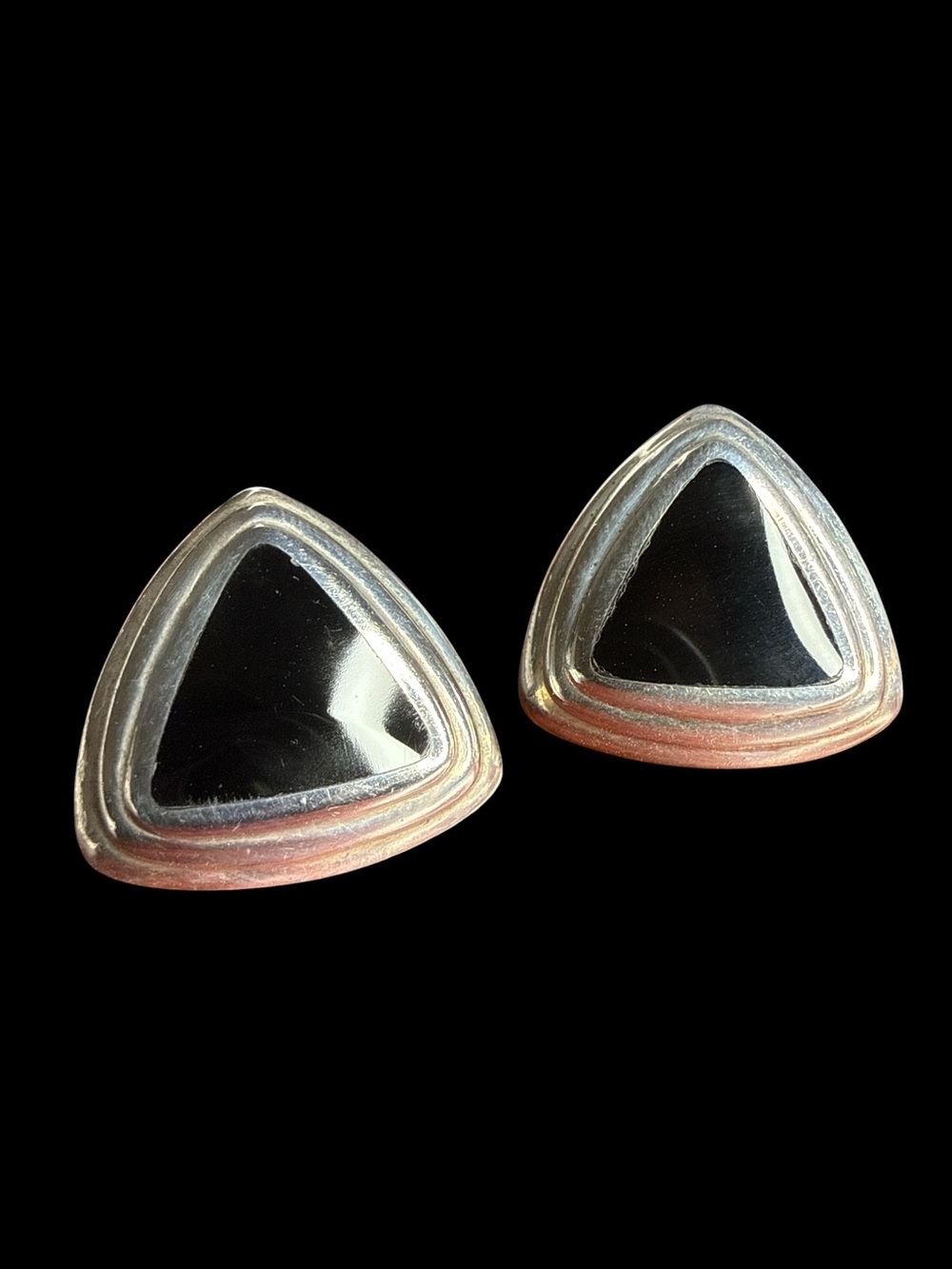 925 Sterling Silver Black Onyx Triangle Stud Earrings Stepped Bezel